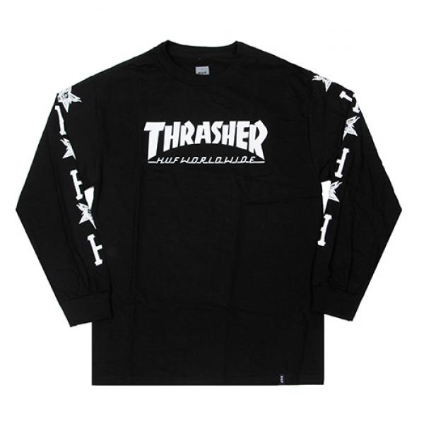 HUF X THRASHER COLLAB LOGO LS TEE-BLK